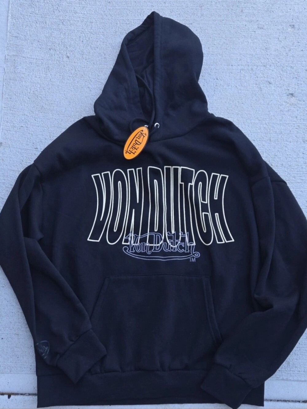 Von Dutch Men's Hoodie Black Double Logo Large Embroidered L/S  Pullover NWT
